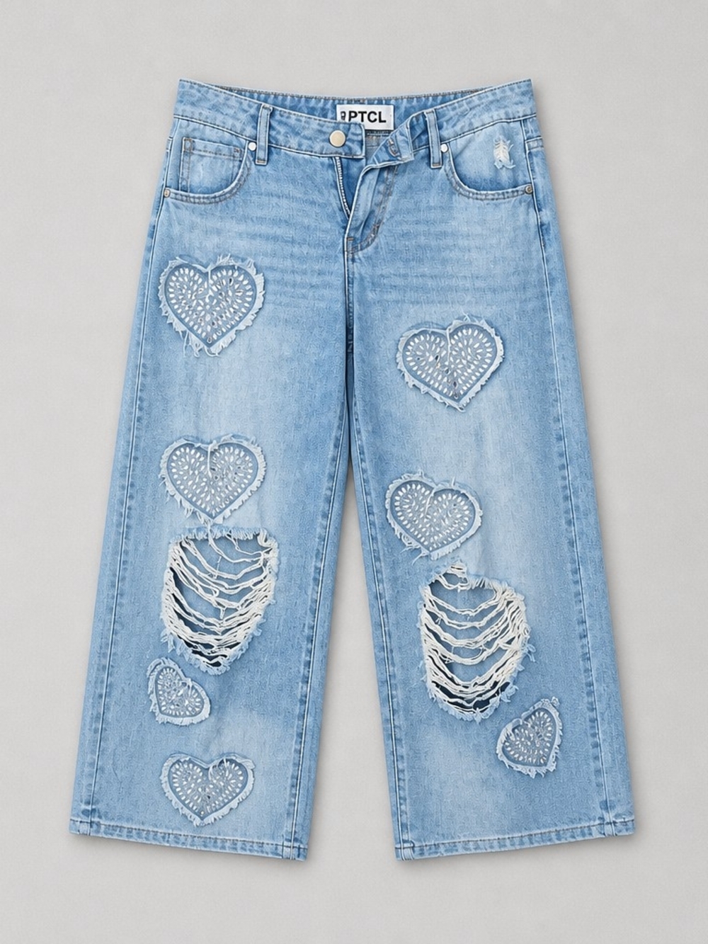 TCL Light Blue Wide-Leg Jeans with Heart Patch Details